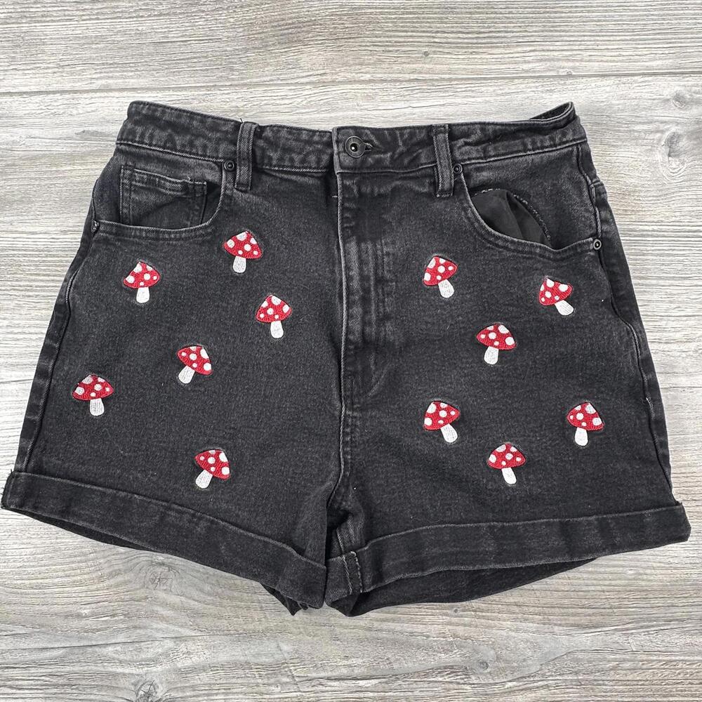 Hot Topic Denim Shorts Womens 11 Black Mushrooms All Over Cutoffs High Waist 30"